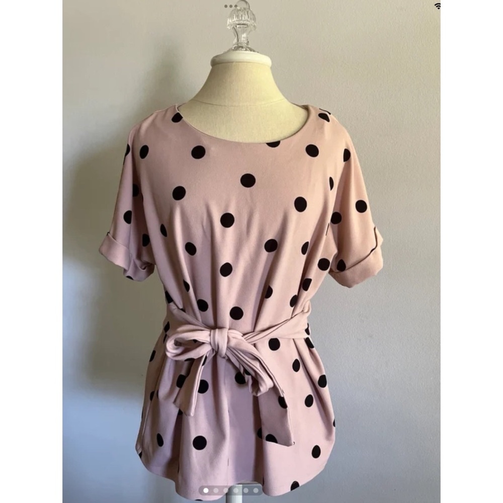 Worthington Polka Dot Tie Waist Short Sleeve Top Large